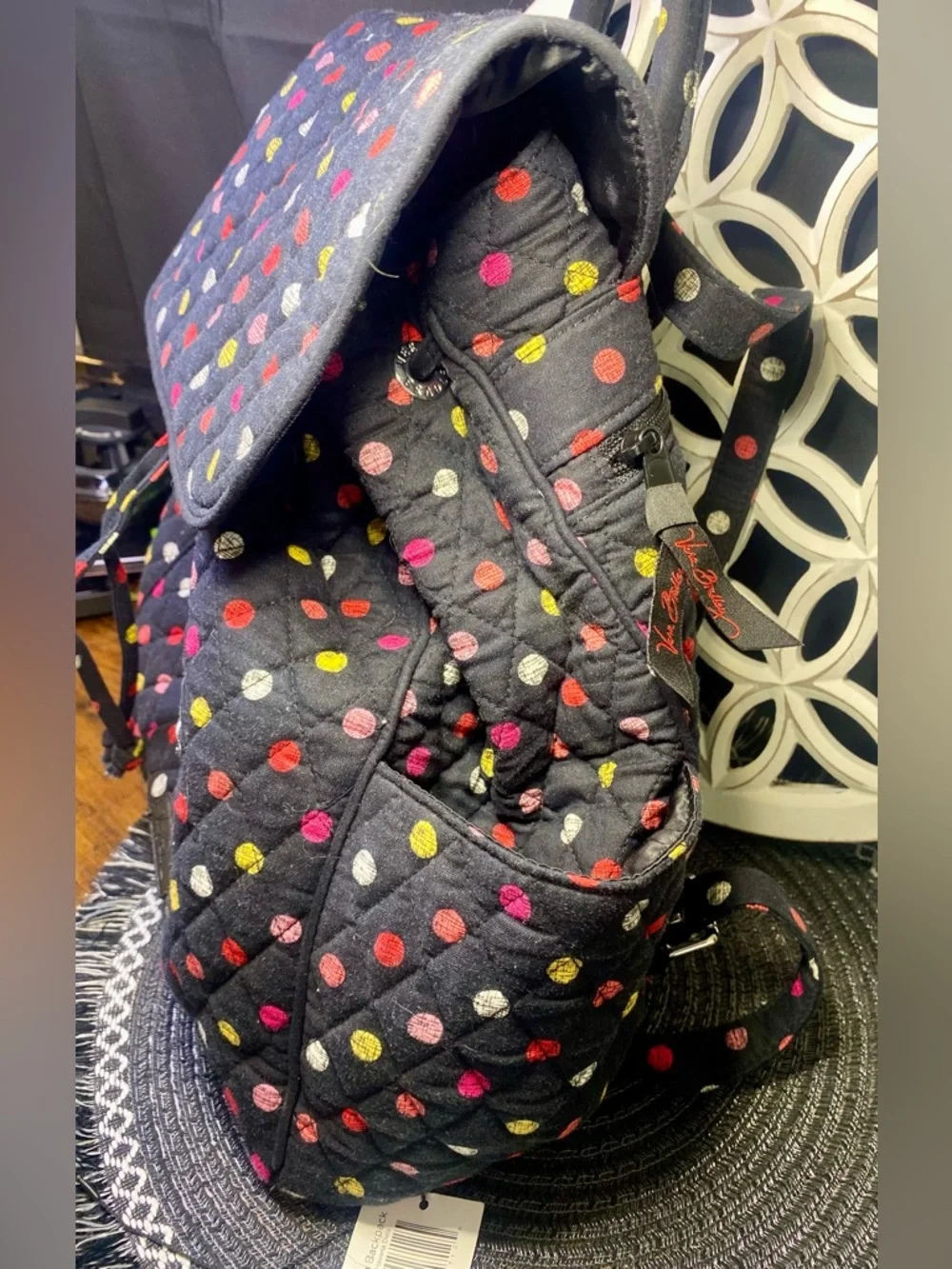 NWOT Vera Bradley Havana Dot Black Quilted Backpack‎ with Multicolor Dots